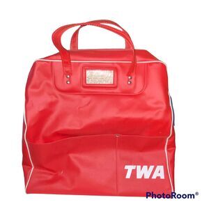 TWA Luggage Flight Bag Logo White Piping Zipper Vintage Carry On Metal Stud Feet